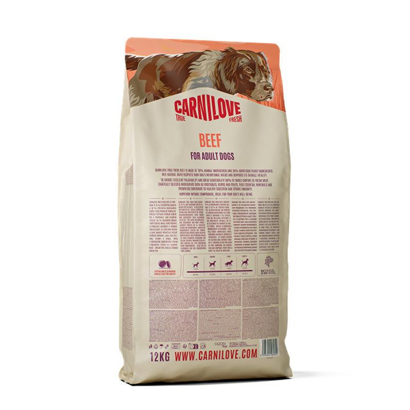 Carnilove True Fresh Beef Dog Food, grain-free, 12kg for adult dogs, with dog illustration.