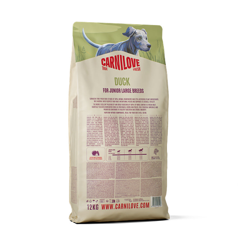 12 kg Carnilove True Fresh Duck Junior Large Breed Dog Food for puppies.