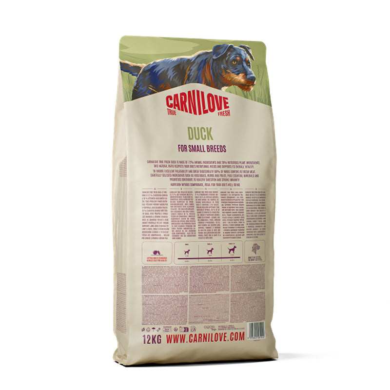 Carnilove True Fresh Duck Small Breed Dog Food, 12kg bag, features a dog illustration.