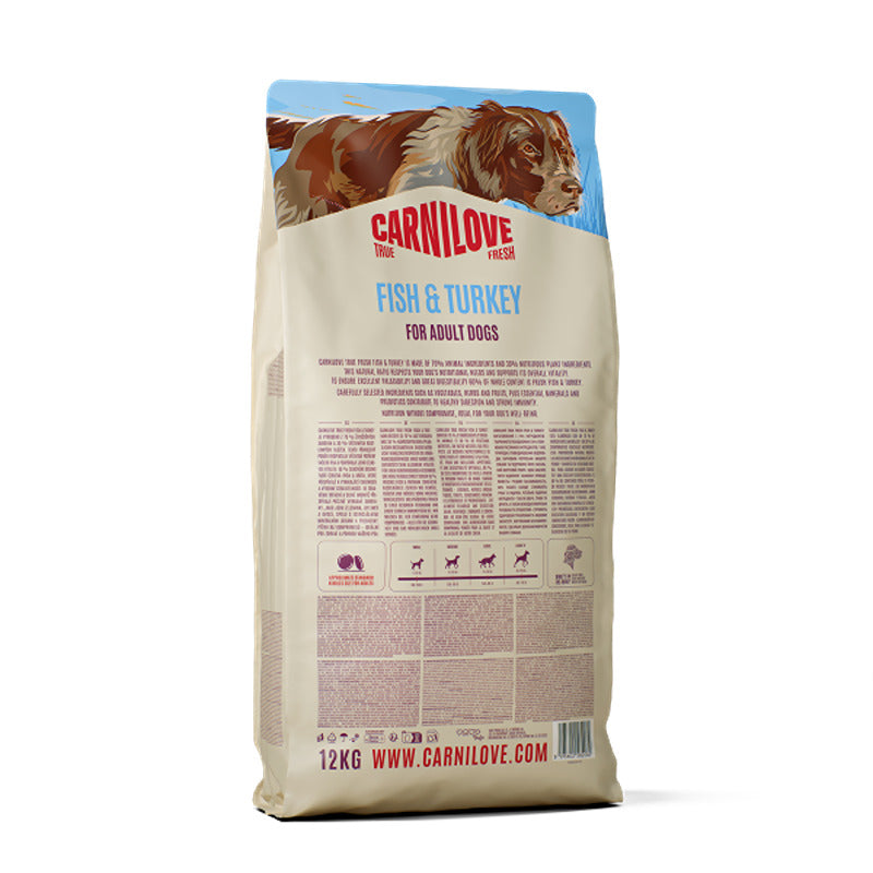Carnilove True Fresh Fish & Turkey Dog Food, 12kg bag, for adult dogs.