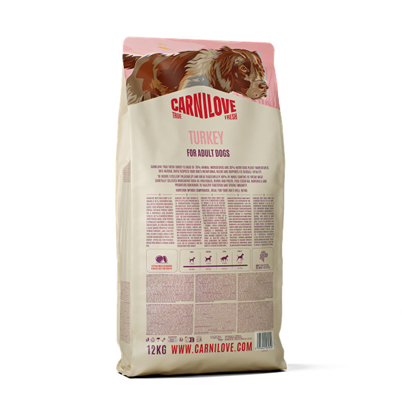 12 kg Carnilove True Fresh Turkey Dog Food for adults, grain-free, with dog image on bag.