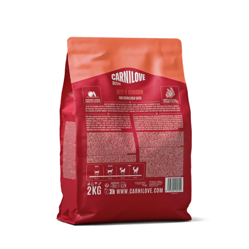 Red bag of Carnilove Active Beef &amp; Venison Cat Food, 2kg, with text and icons on back.