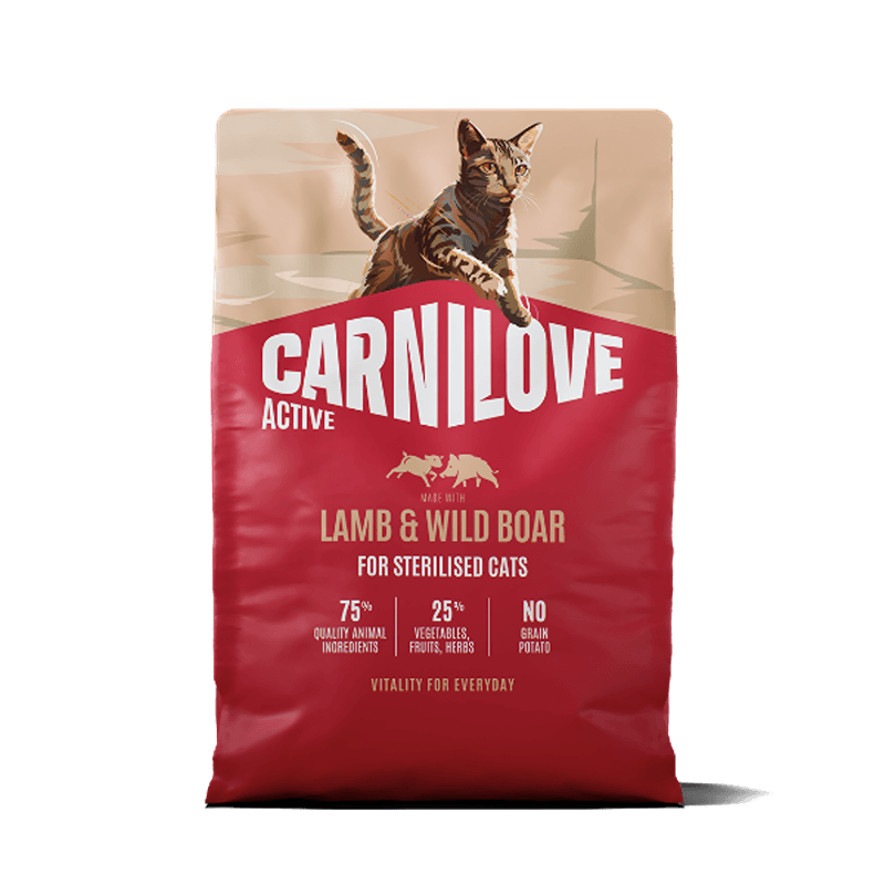 Carnilove Active Lamb &amp; Wild Boar Cat Food—grain-free food for active adult cats.
