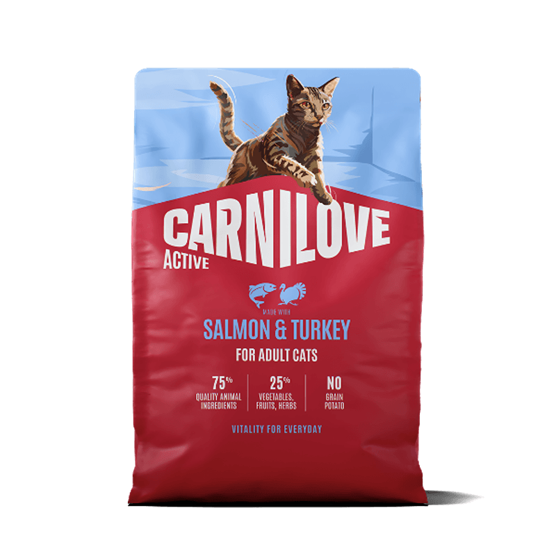 Carnilove Active Salmon &amp; Turkey Cat Food for adult cats, grain-free formula.