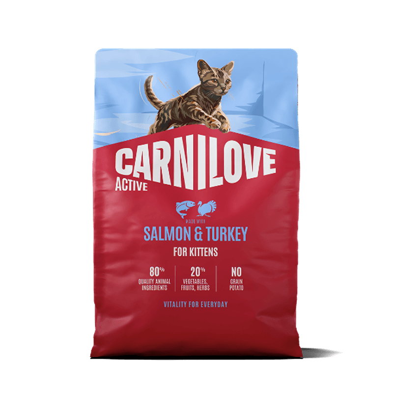 Carnilove Active Salmon &amp; Turkey Kitten Food, grain-free, with kitten image on top.