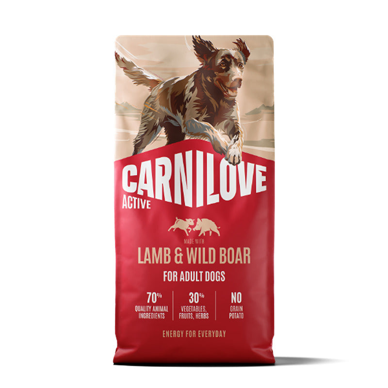 Carnilove Active Lamb & Wild Boar Dog Food bag features a running dog illustration.