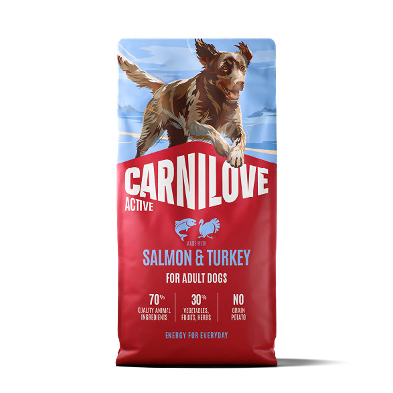 Carnilove Active Salmon &amp; Turkey Dog Food features a running dog on the package.