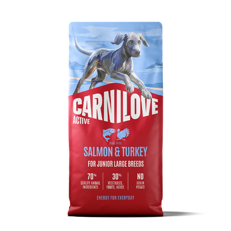 Carnilove Active Salmon & Turkey Large Breed Dog Food, red/blue bag with running dog.