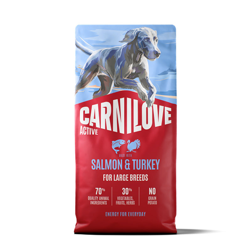 Carnilove Active Salmon & Turkey grain-free dog food bag for large breeds, red and blue.
