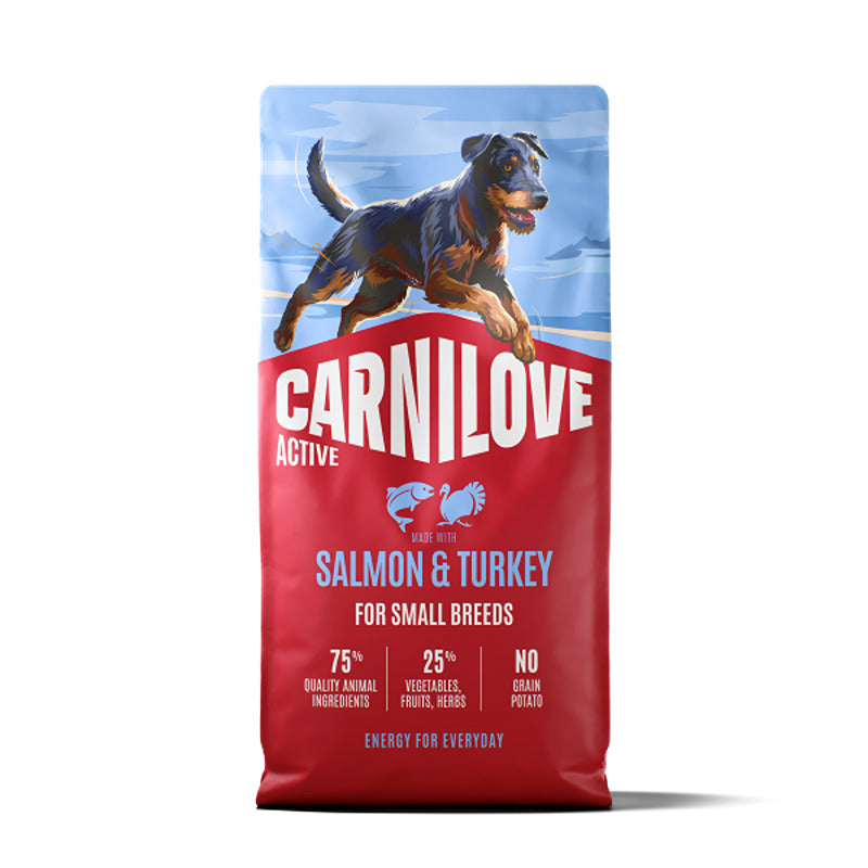 Carnilove Active Salmon & Turkey Small Breed Dog Food bag features a running dog design.