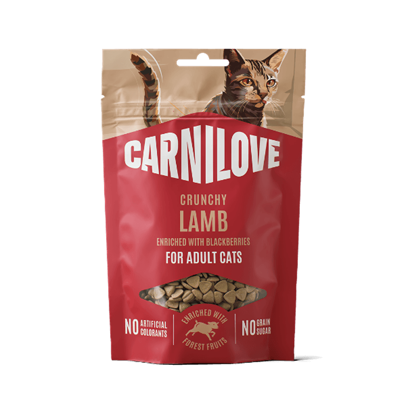 Carnilove Lamb with Blackberries Cat Treats 50g bag with crunchy kibble at the bottom.