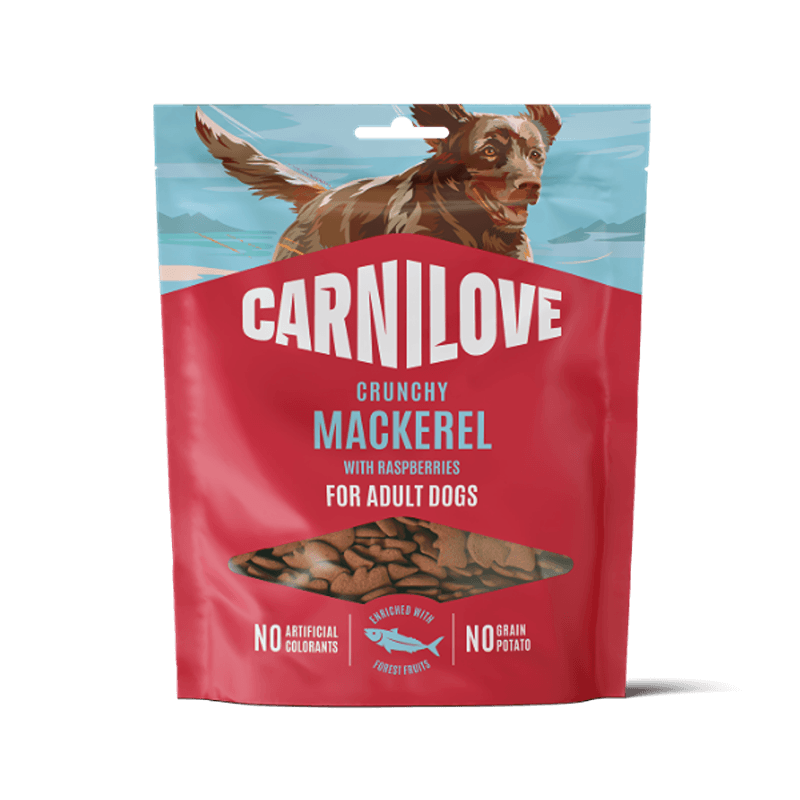 Carnilove Mackerel with Raspberries Dog Treats 200g, grain-free with product details and dog image.