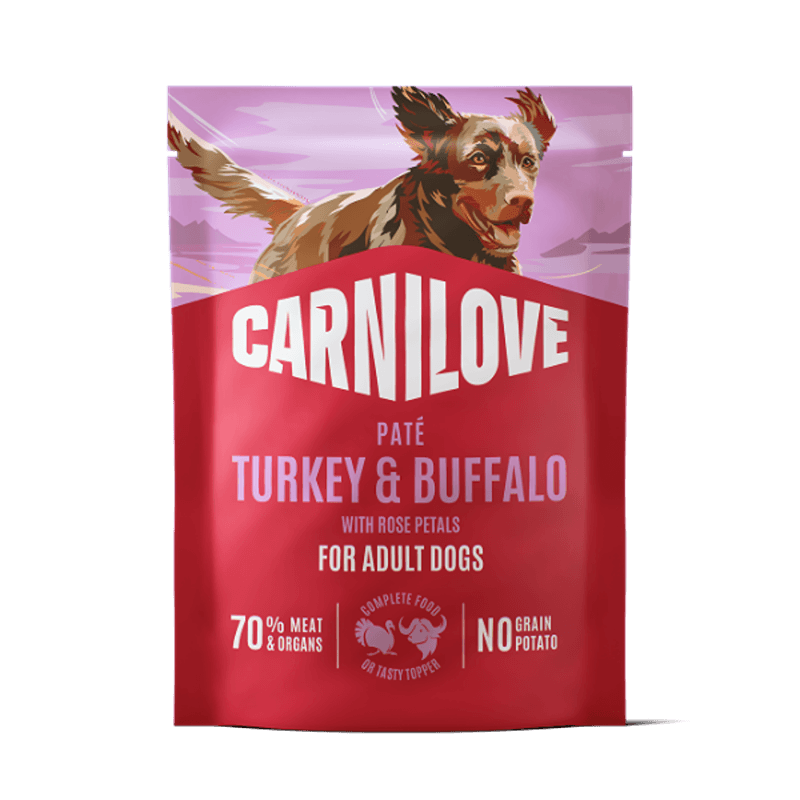 Carnilove Turkey & Buffalo with Rose Petals Dog Food Pouch 300g, featuring an illustrated dog.