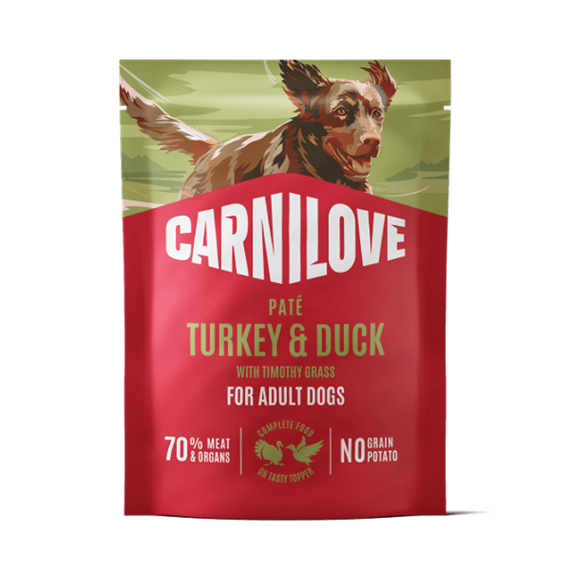 Carnilove Turkey & Duck with Timothy Grass Dog Food Pouch 300g with a running dog on pack.