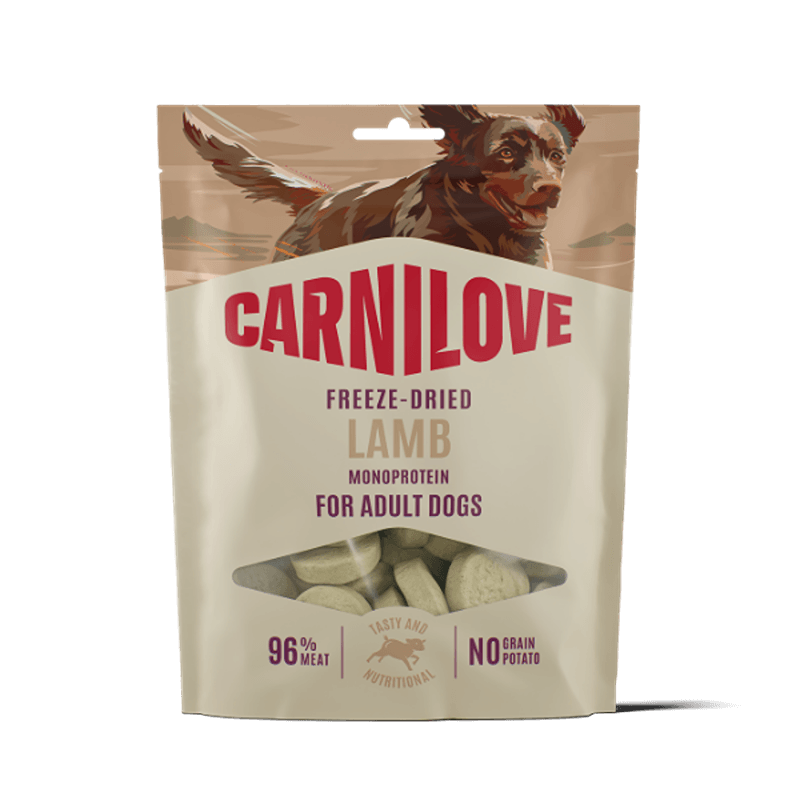 Carnilove Freeze-Dried Dog Treats Lamb 60g in a beige bag with a dog illustration on top.