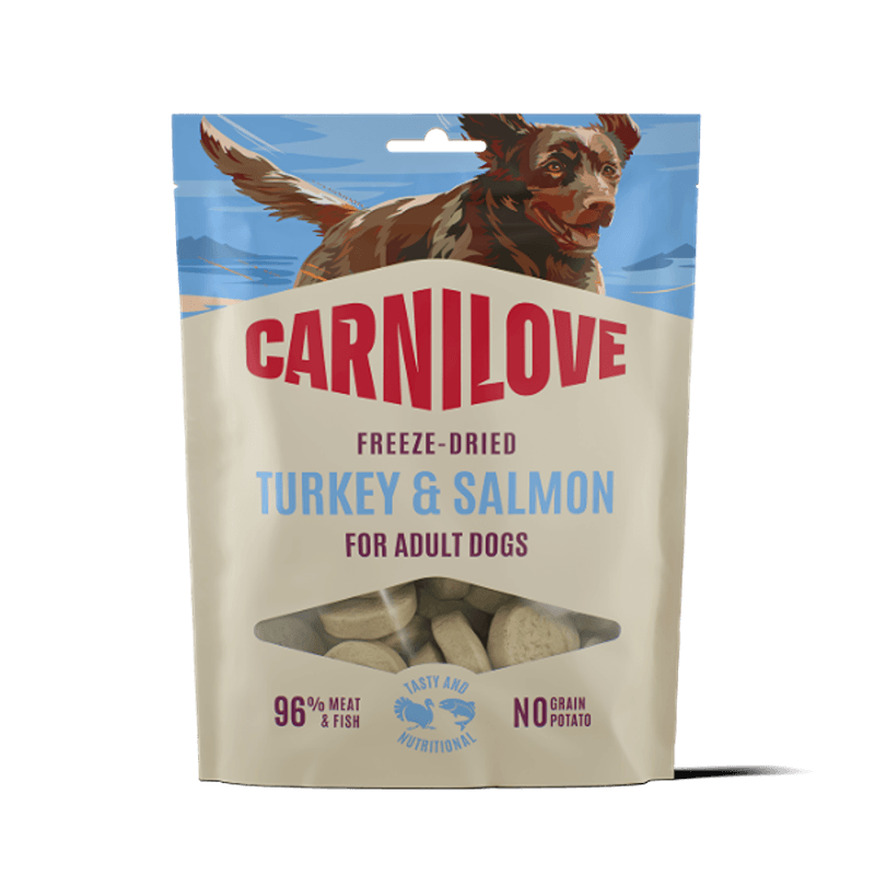 Carnilove Freeze-Dried Dog Treats Turkey &amp; Salmon 60g pack with running dog image.