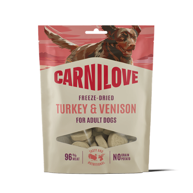 Carnilove Freeze-Dried Turkey & Venison Treats for Adult Dogs, 10x60g, beige & pink pack.