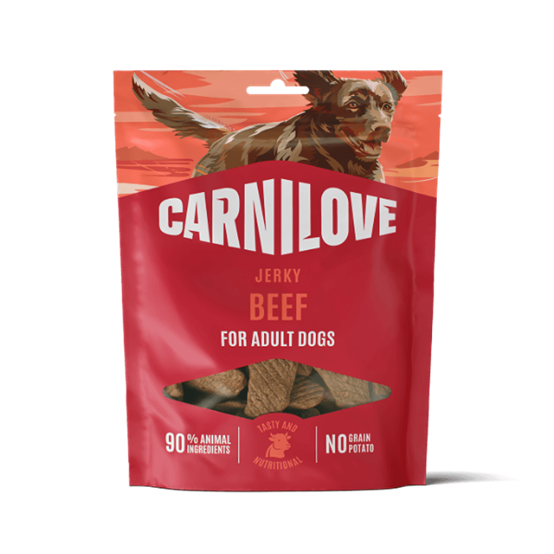 Carnilove Jerky Beef Fillet Mono Protein Dog Treat 12x100g bag with running dog illustration.