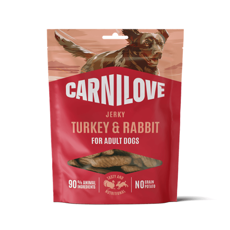 Carnilove Jerky Turkey &amp; Rabbit Dog Treats 100g for adult dogs, with dog illustration.