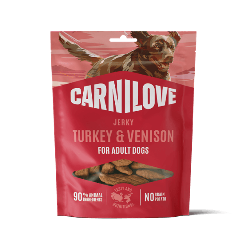 Carnilove Jerky Turkey &amp; Venison Dog Treats 100g, meat-rich treats with running dog graphic.
