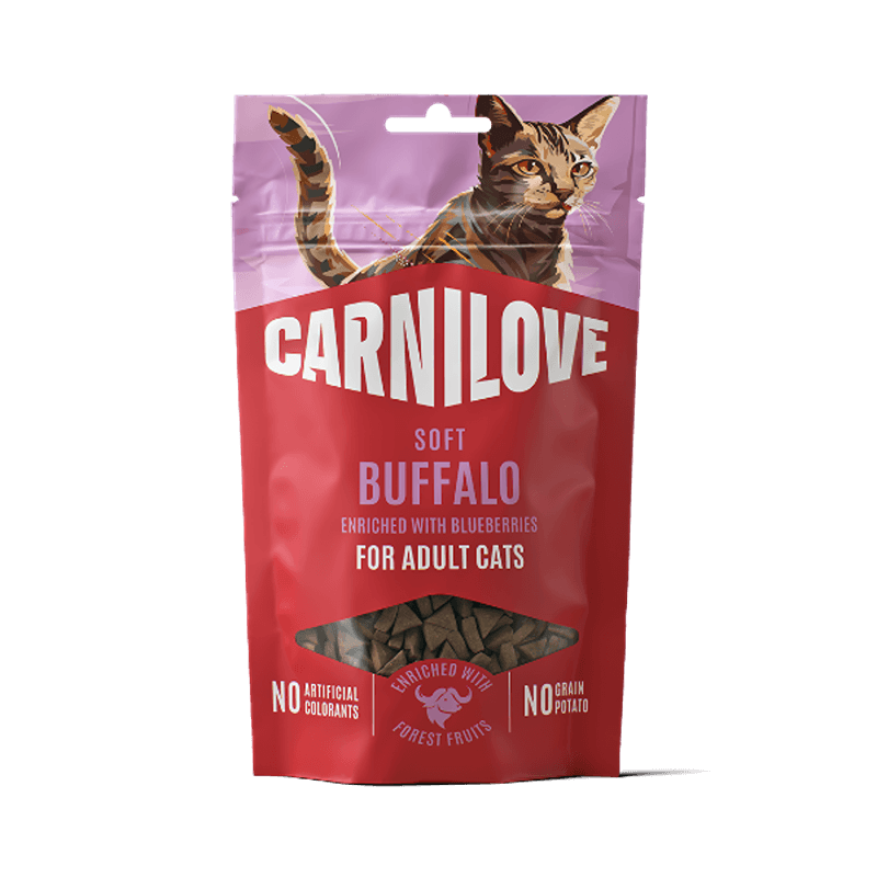 Carnilove Buffalo with Blueberries Cat Treats 12x50g—soft, grain free, for adult cats.