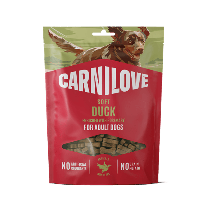 Carnilove Duck with Rosemary Dog Treats 200g bag for adults, with illustrated dog design.