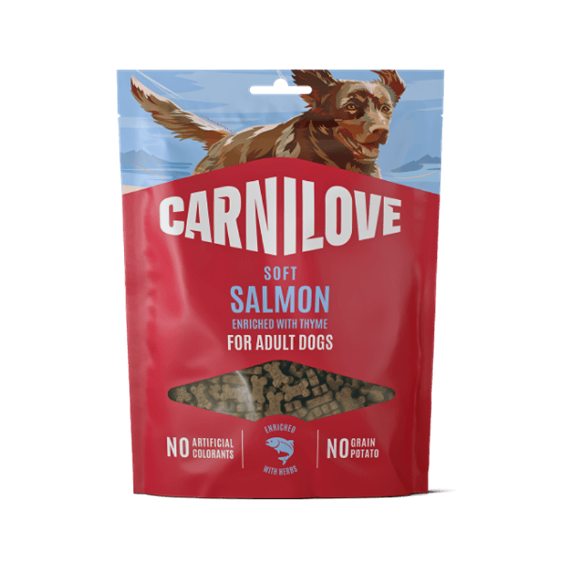 Carnilove Salmon with Thyme Small Bite Dog Treats 200g, grain-free with a running dog image.