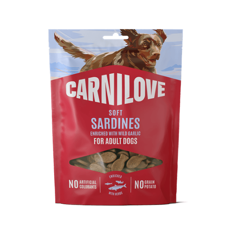 Carnilove Sardines with Wild Garlic Dog Treats 200g, grain free, soft treats in a running dog bag.