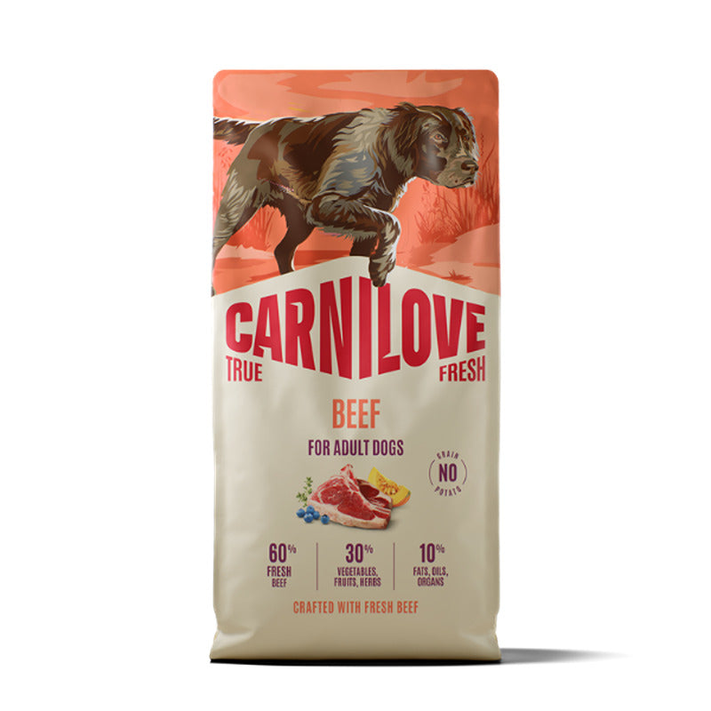 Carnilove True Fresh Beef Dog Food bag with dog and meat illustrated on the packaging.