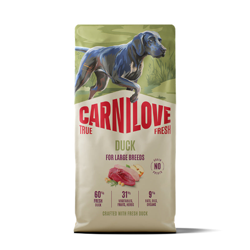 Carnilove True Fresh Duck Large Breed Dog Food bag, featuring a dog illustration.