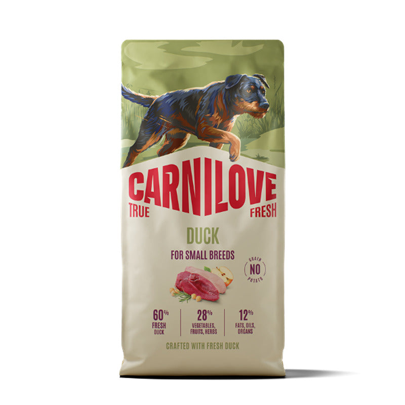 Carnilove True Fresh Duck Small Breed Dog Food, with a dog illustration on the packaging.