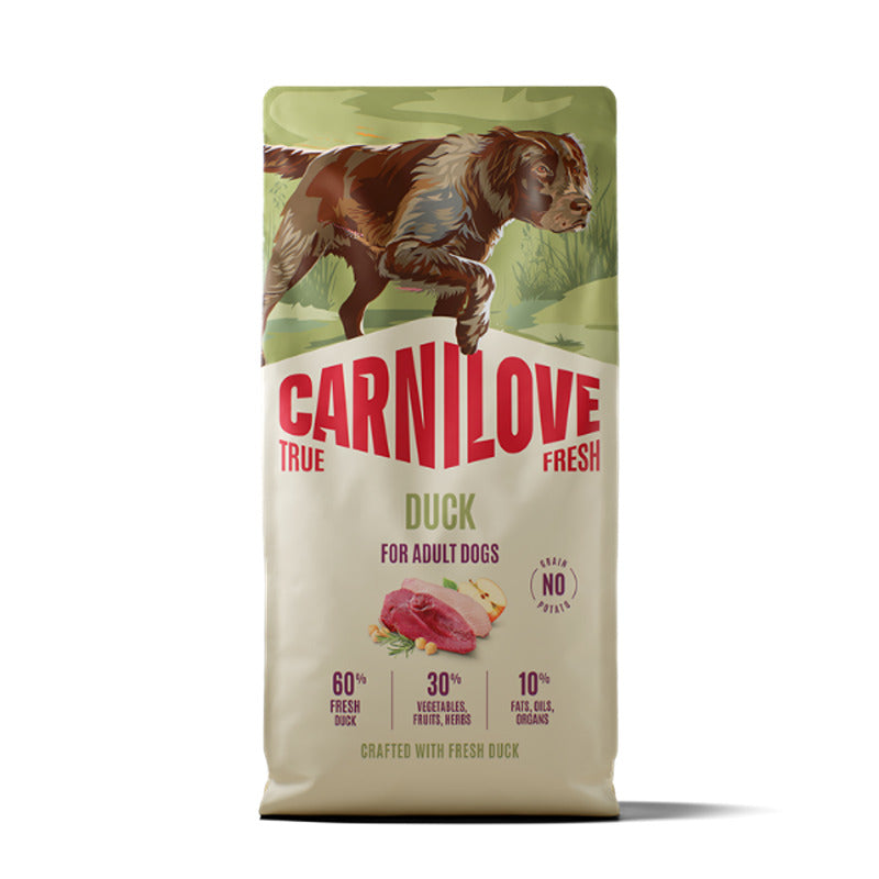 Carnilove True Fresh Duck Dog Food bag with a dog and slices of duck meat.