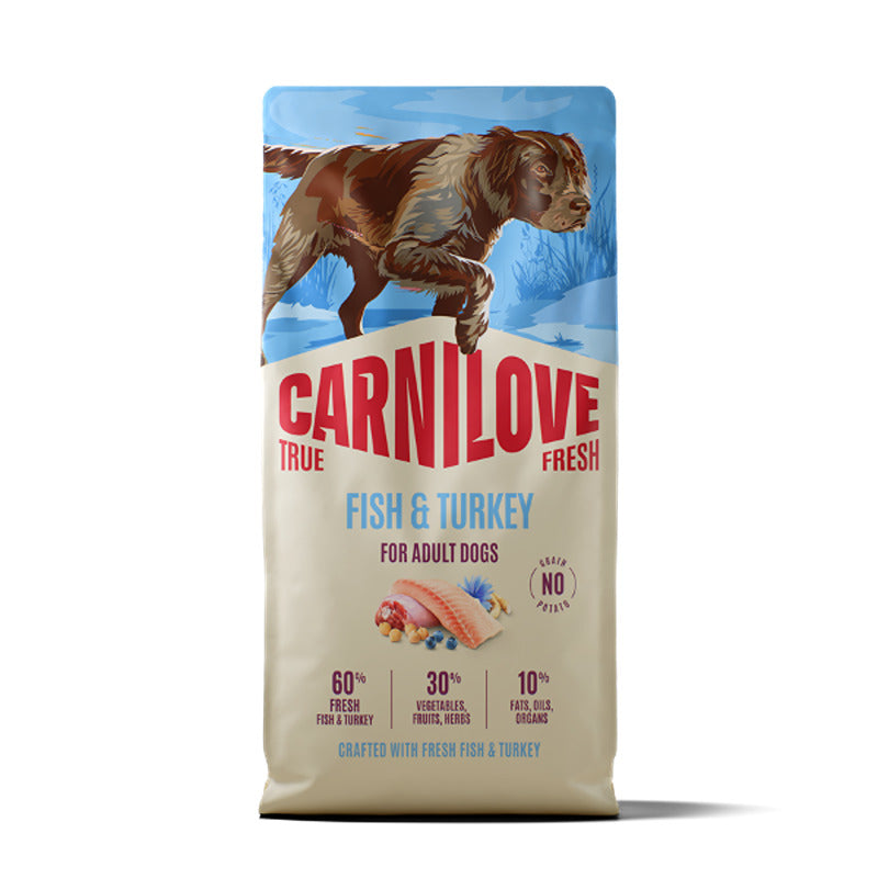 Carnilove True Fresh Fish & Turkey grain-free dog food for adults, with dog & fish illustration.