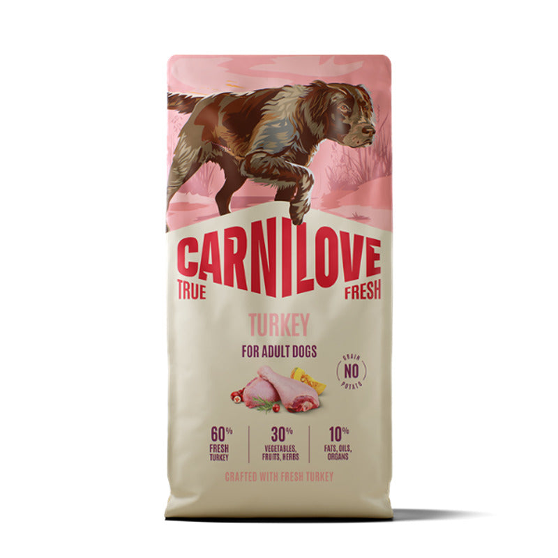Beige Carnilove True Fresh Turkey Dog Food bag with a dog and turkey illustration.