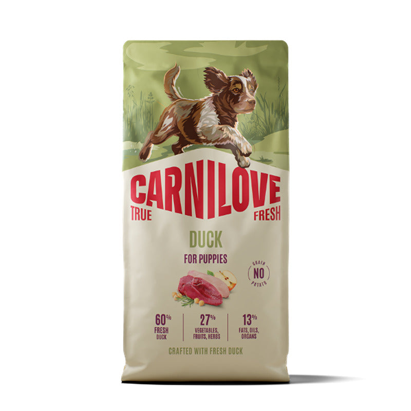 Bag of Carnilove True Fresh Duck Puppy Dog Food with running puppy illustration on front.