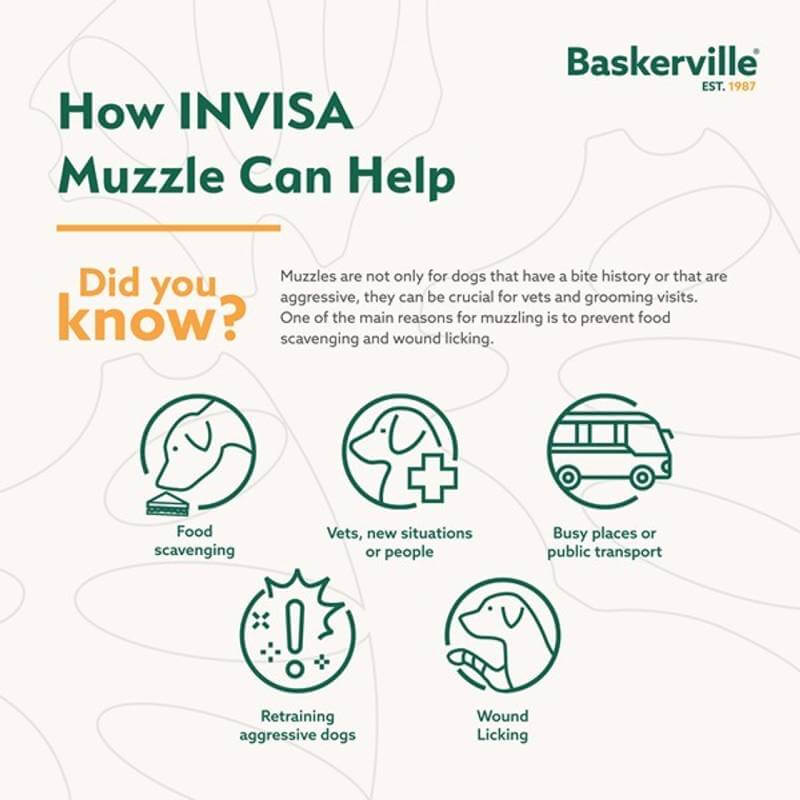 Baskerville Invisa Muzzle: five uses shown with clear, helpful icons in this infographic.