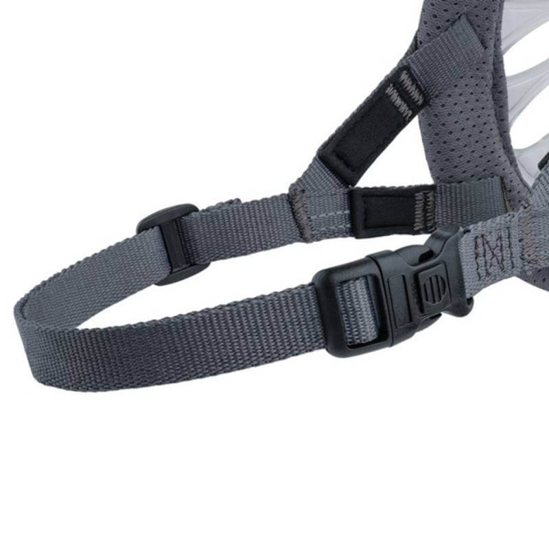 Close-up of a gray strap with black buckle on the Baskerville Invisa Muzzle by Baskerville.