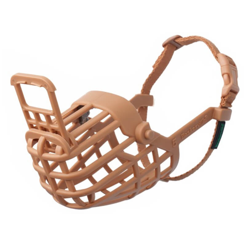 Baskerville Classic Basket Muzzle: light brown, adjustable strap, open design for comfort.