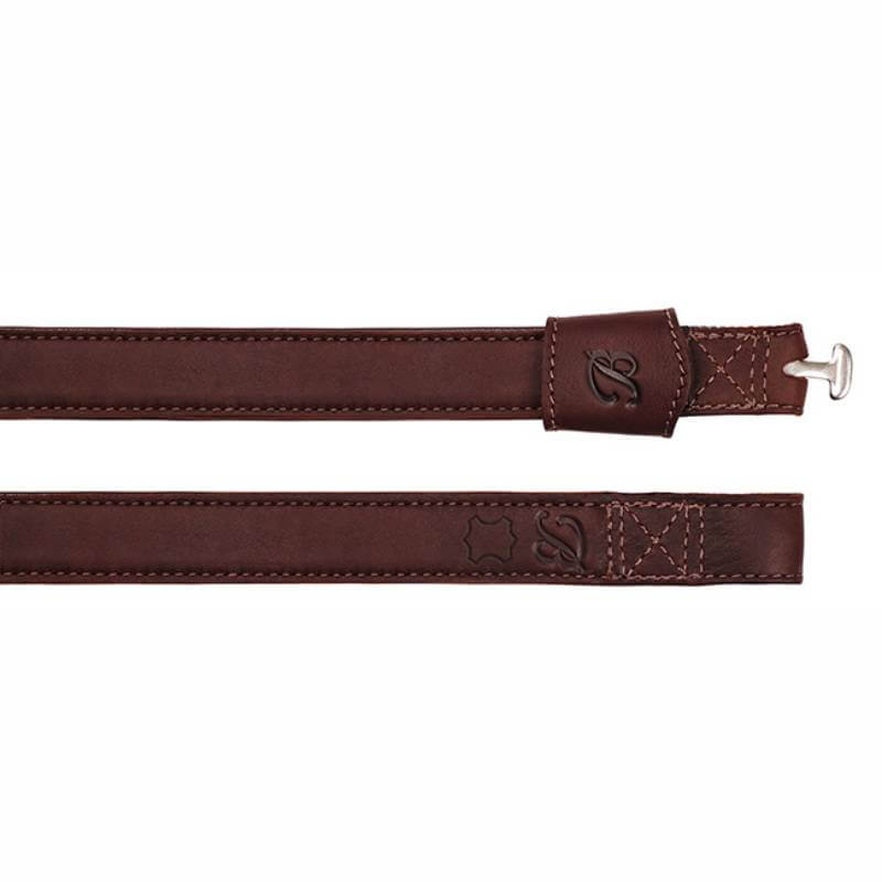 Two Bates Webbers with Luxe Leather Classic Brown, stitched and embossed, one has a metal hook.
