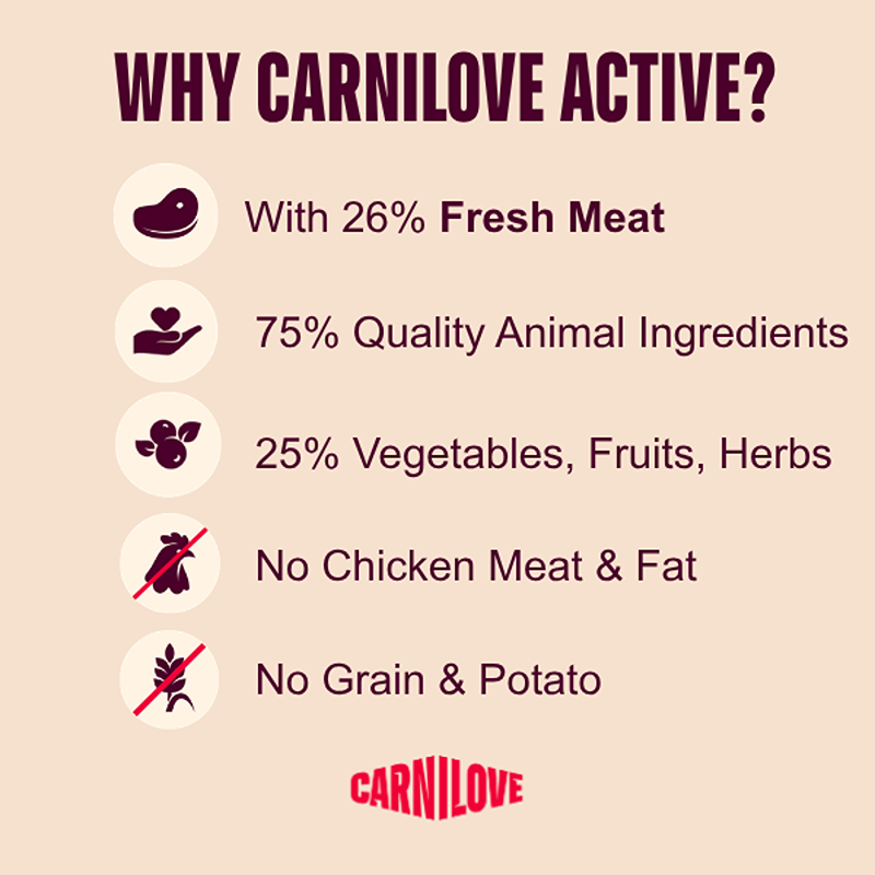 Infographic highlighting Carnilove Active Beef &amp; Venison Cat Food features with icons.