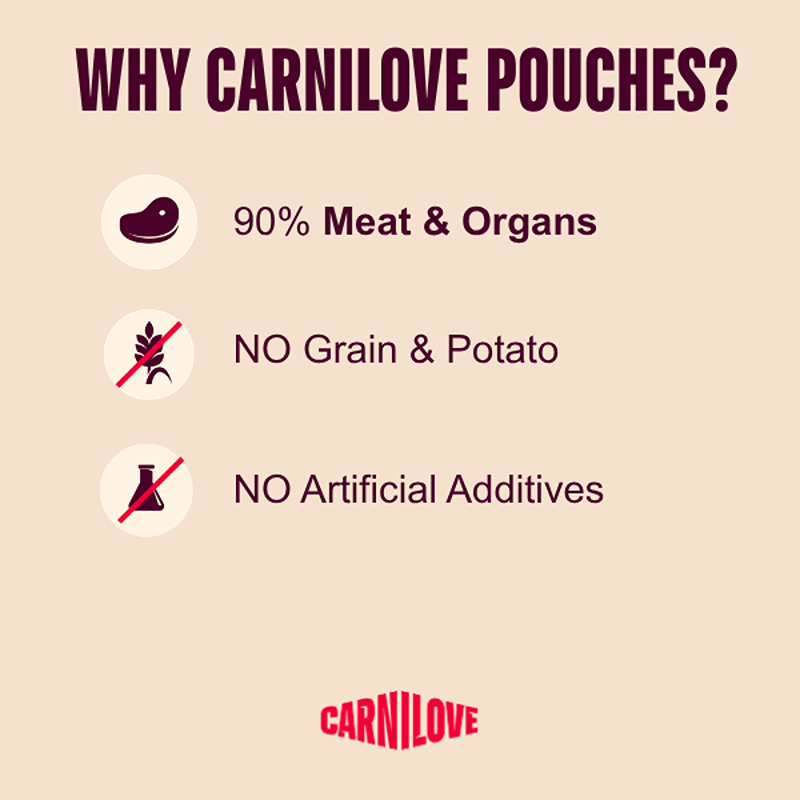 Infographic highlights Carnilove Gravy Rabbit Kitten Pouch: 90% meat, grain- &amp; additive-free.