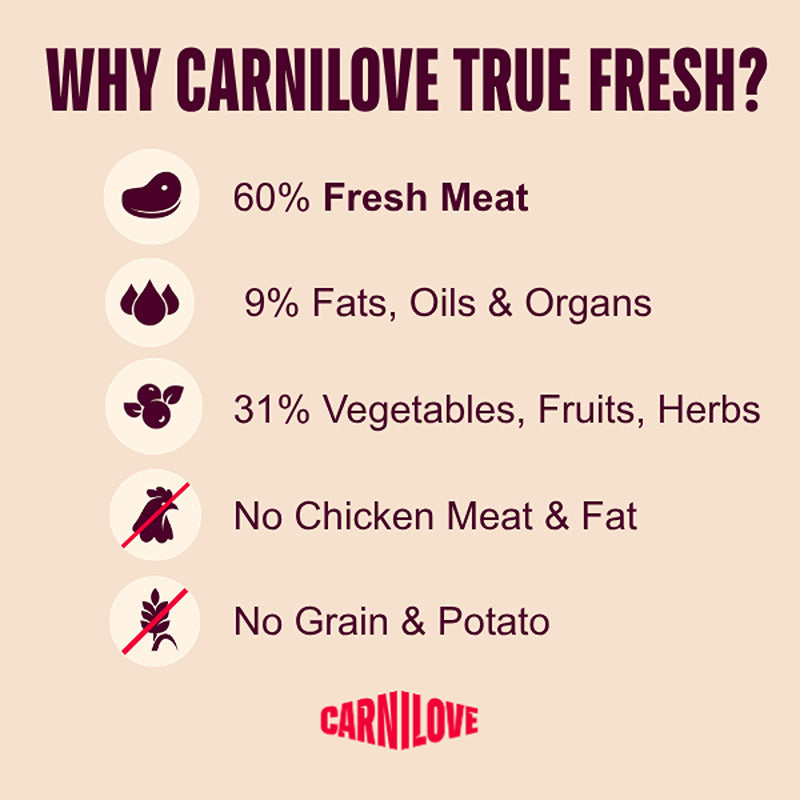 Infographic of Carnilove True Fresh Duck Large Breed Dog Food ingredients and exclusions.