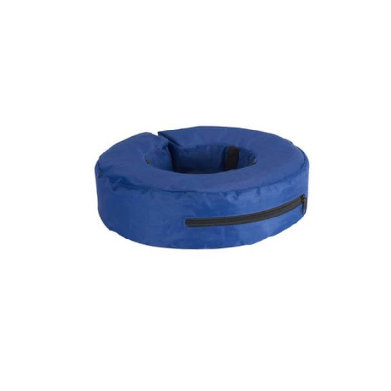 Buster Inflatable Collar: blue cushion with zipper, cut-out for comfortable pet protection.