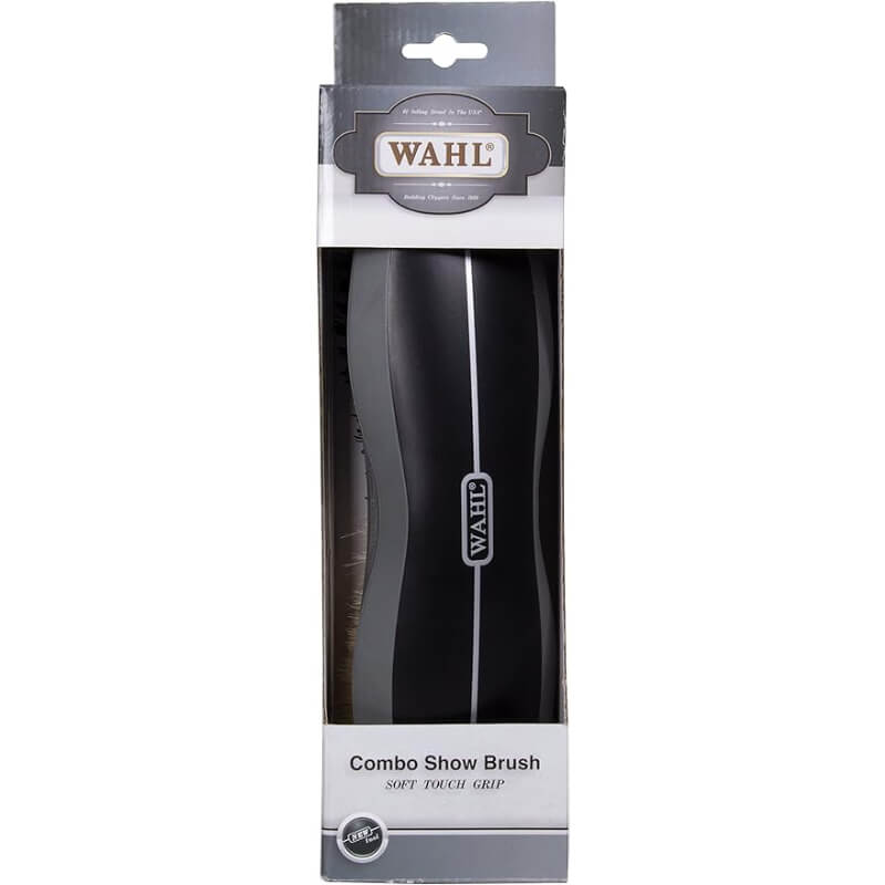 Wahl Body Brush Combo by Wahl with soft/stiff bristles and Soft Touch Grip in black packaging.