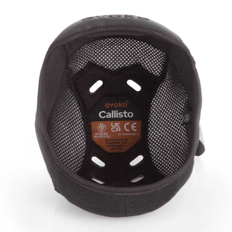 Evoke Callisto Navy liner in black helmet, showing Evoke label and mesh lining inside.