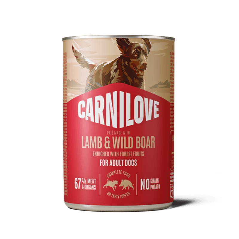 Carnilove Lamb &amp; Wild Boar Wet Food Tin for Adult Dogs (6x400g) with running dog label.