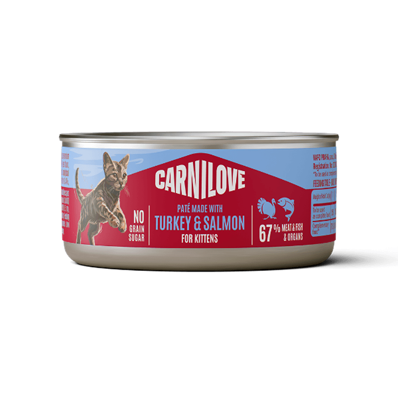 A can of Carnilove Turkey &amp; Salmon Kitten 100g cat food, comes in packs of 12.