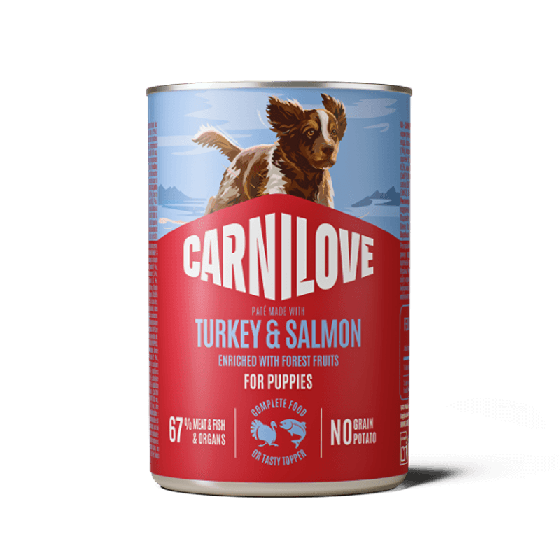 Carnilove Turkey & Salmon Wet Food Tin for Puppies 6x400g, with running dog illustration.