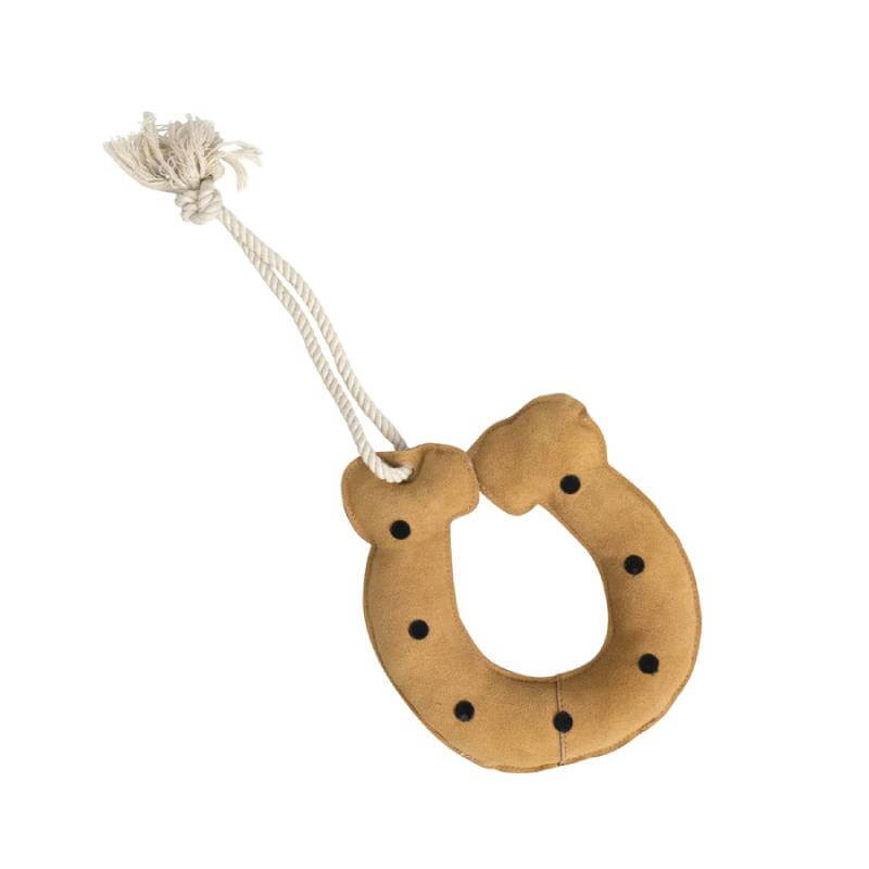 Hy Equestrian’s Hy Stable Toy Clippity Clop Horseshoe Beige with black dots and rope handle.