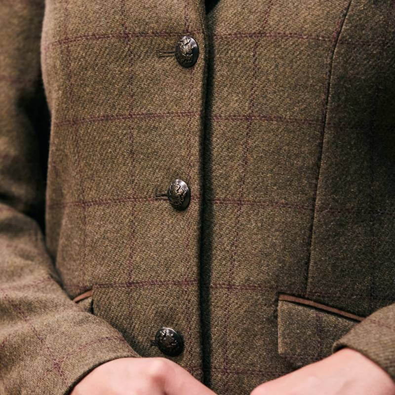 Close-up of the Dublin Albany Tweed Suede Collar Tailored Jacket in brown plaid.